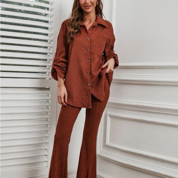 SHEIN Rust Brown Oversized Corduroy Roll-Up Sleeve Blouse - Picture 5 of 6
